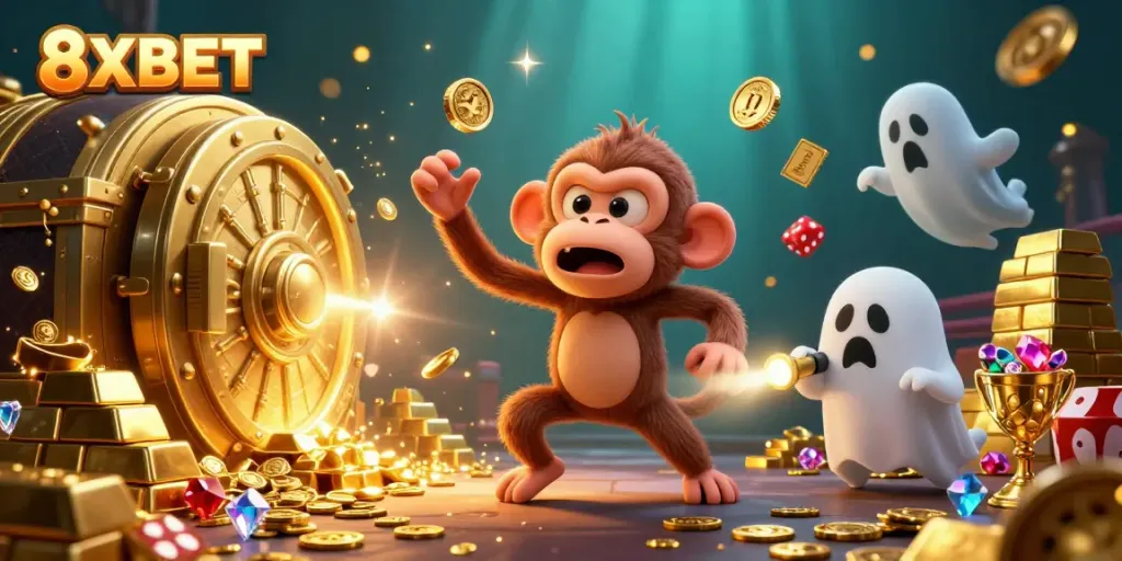 Engage with the magical 8XBET casino, where a playful poltergeist monkey juggles golden treasures in a thrilling atmosphere.