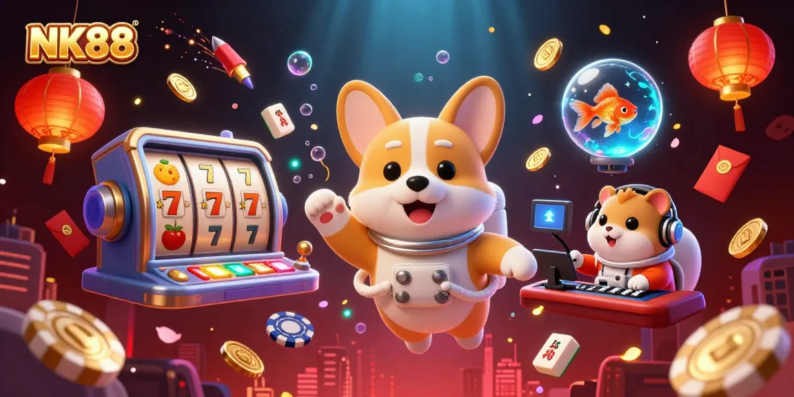 Experience the thrill of casino gaming with NK88's vibrant space scene filled with floating slots and coins.