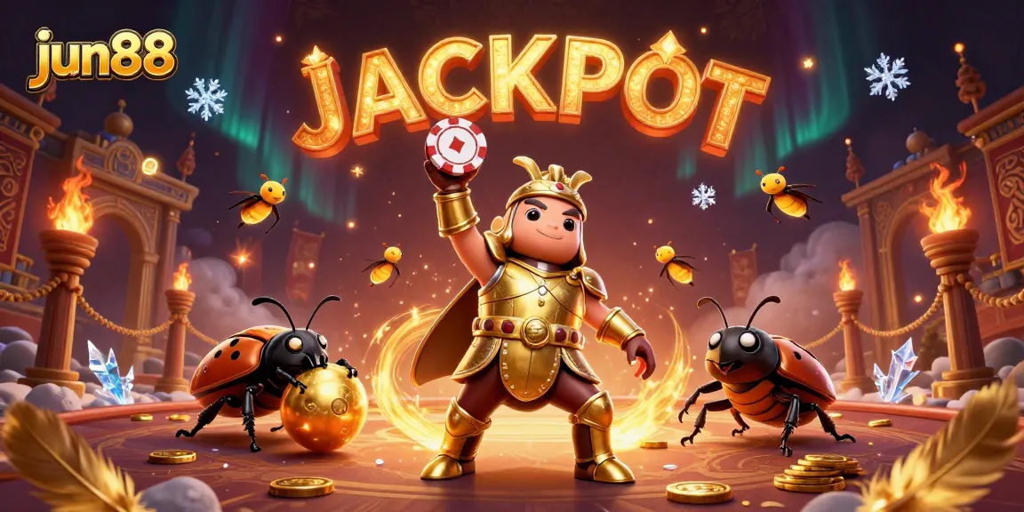 Experience the thrill of jun88 with a victorious beetle in armor amidst casino elements.