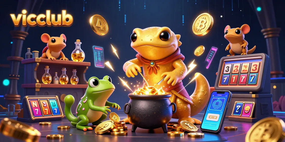 Experience the enchanting vicclub world with a vibrant 3D scene of gambling alchemy and crypto elements.
