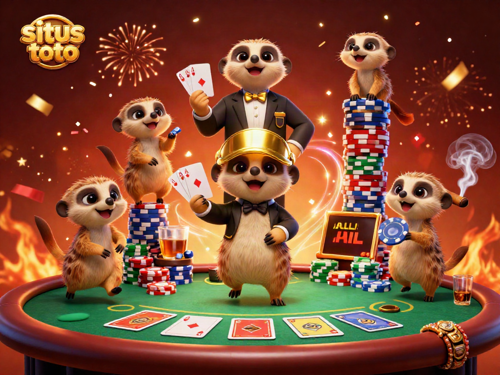 Merayakan pengalaman situs toto, sekumpulan meerkat bermain dengan chip di kasino.