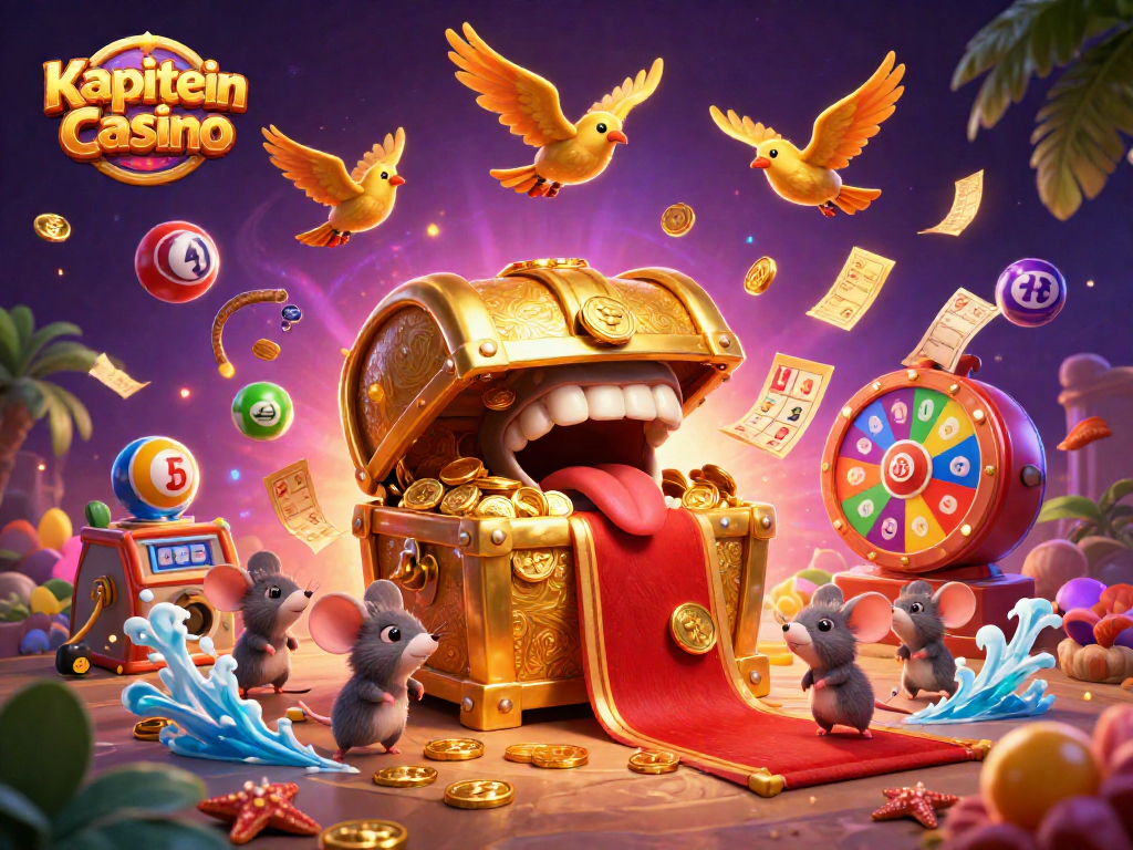 Kapitein Casino menawarkan petualangan menarik dengan karakter dan elemen lotere dalam ilustrasi berwarna-warni.