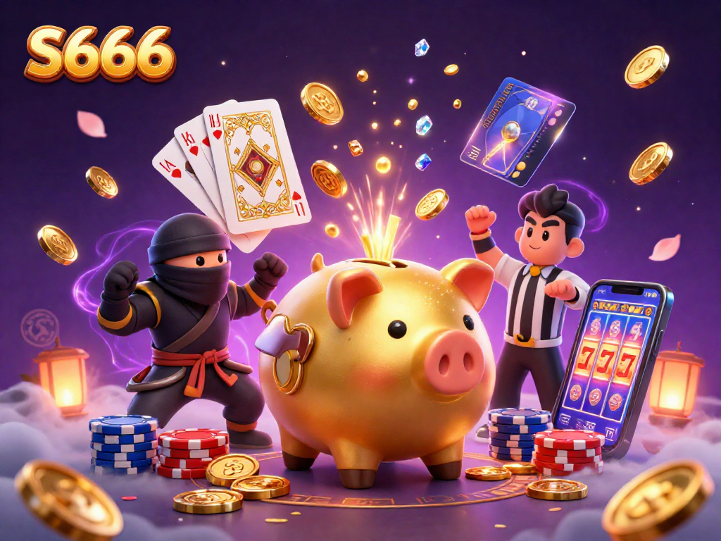 S666 casino features dynamic 3D illustration with a gold piggy bank and captivating game elements.