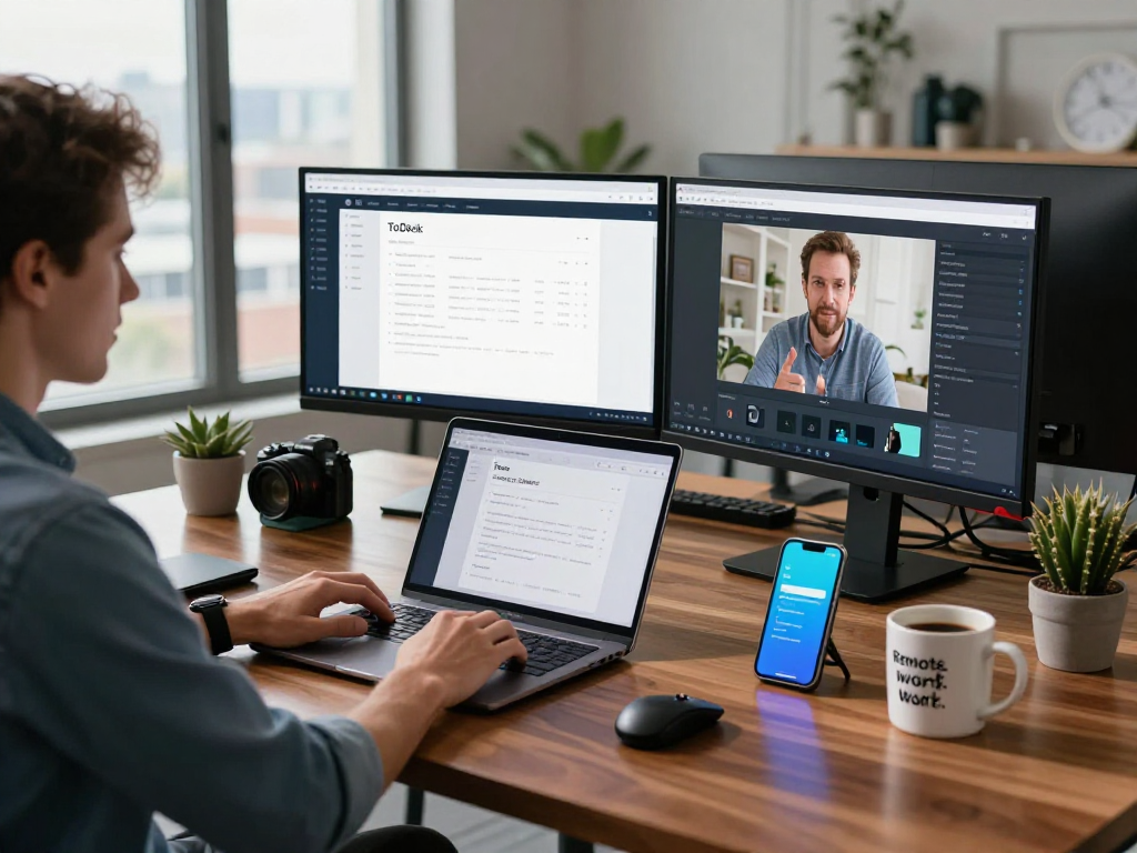 IT professional using ToDesk remote desktop software in a modern workspace.