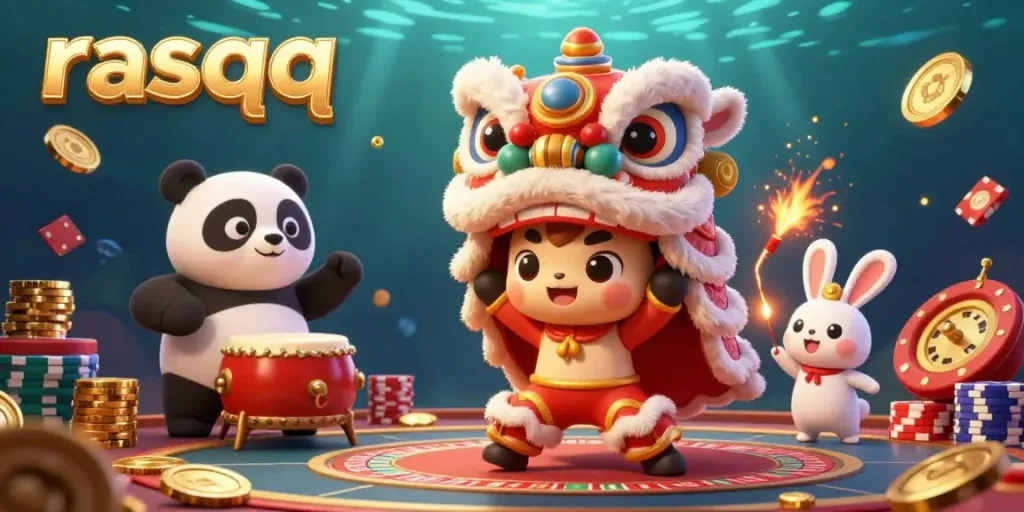 Experience the excitement of rasqq with a vibrant lion dance amidst gold coins and casino elements.