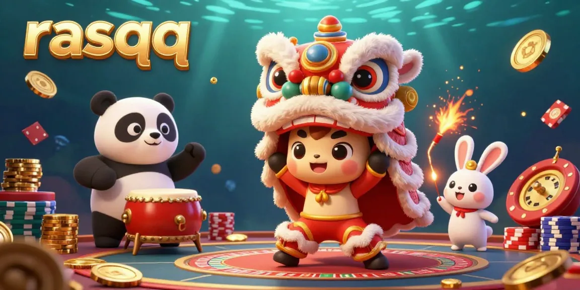 Experience the excitement of rasqq with a vibrant lion dance amidst gold coins and casino elements.