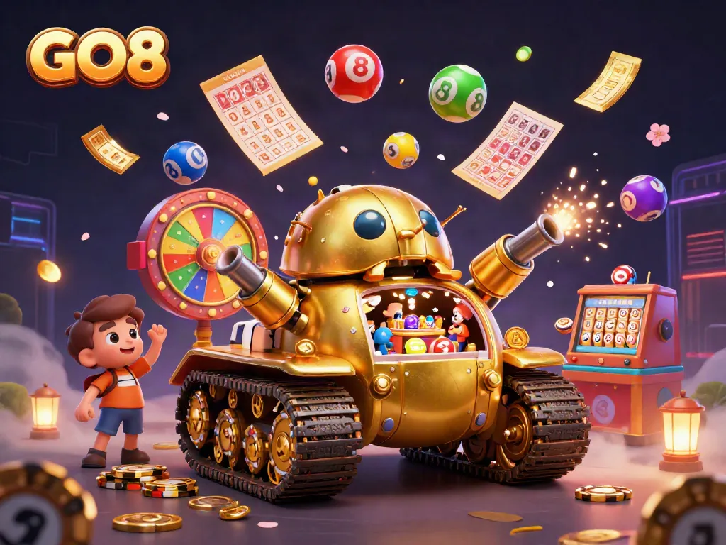 Experience GO8's exciting casino ambiance illustrated through a dynamic golden beetle tank and colorful game elements.