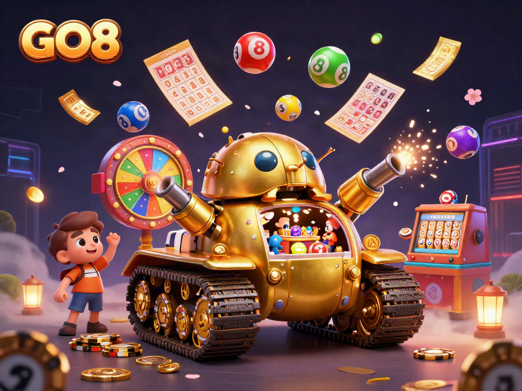 Experience GO8's exciting casino ambiance illustrated through a dynamic golden beetle tank and colorful game elements.
