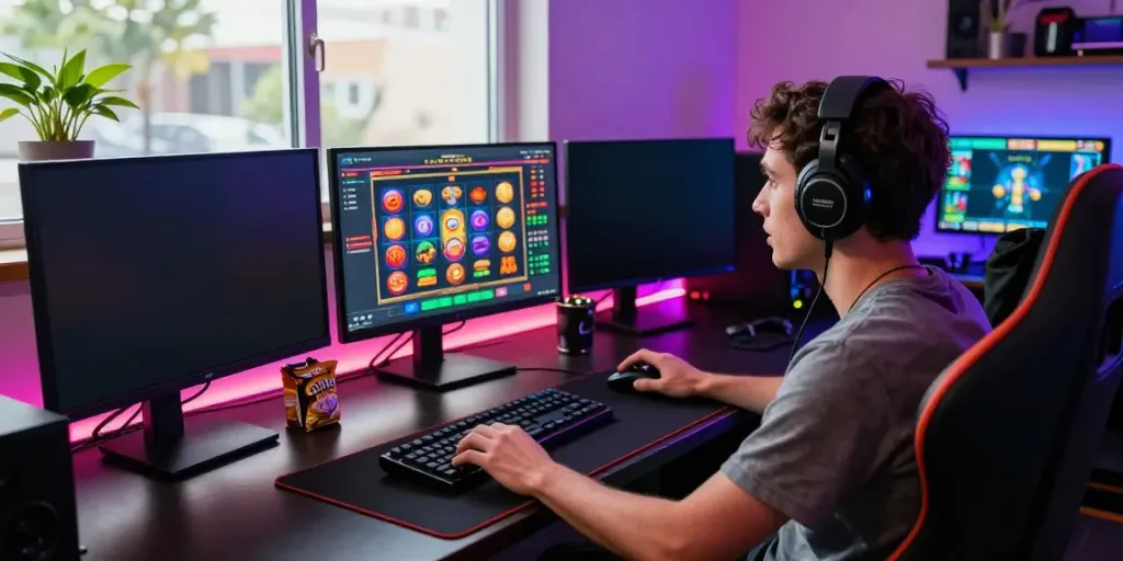 Engaged player at a high-tech gaming setup playing bro138 slot games with dynamic graphics and vibrant atmosphere.