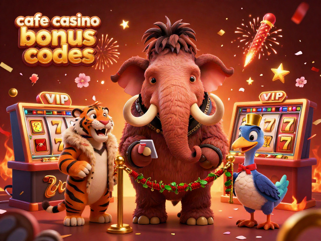 Experience exciting action with cafe casino bonus codes featuring a vibrant casino scene with dynamic characters and symbols.