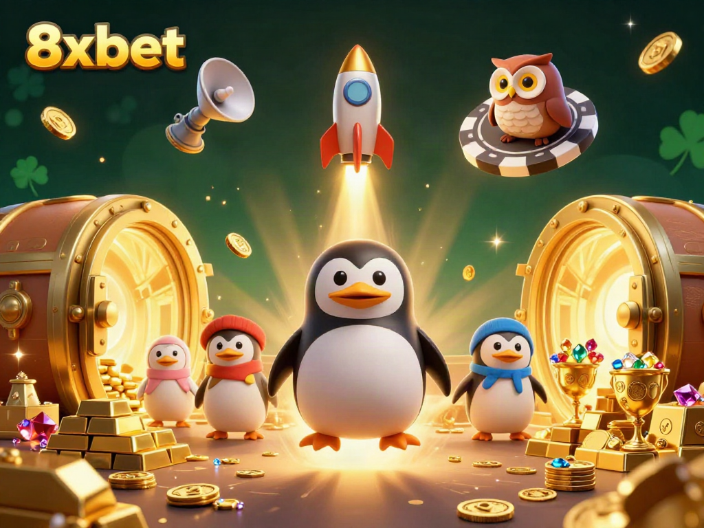 Experience thrilling games at 8xbet with an exciting cosmic casino adventure featuring a penguin and treasures.