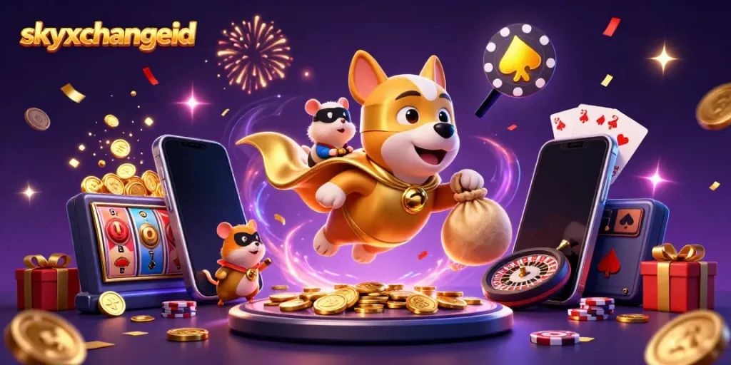 Skyxchangeid superhero dog flying with coins, dynamic casino illustration showcasing betting elements.