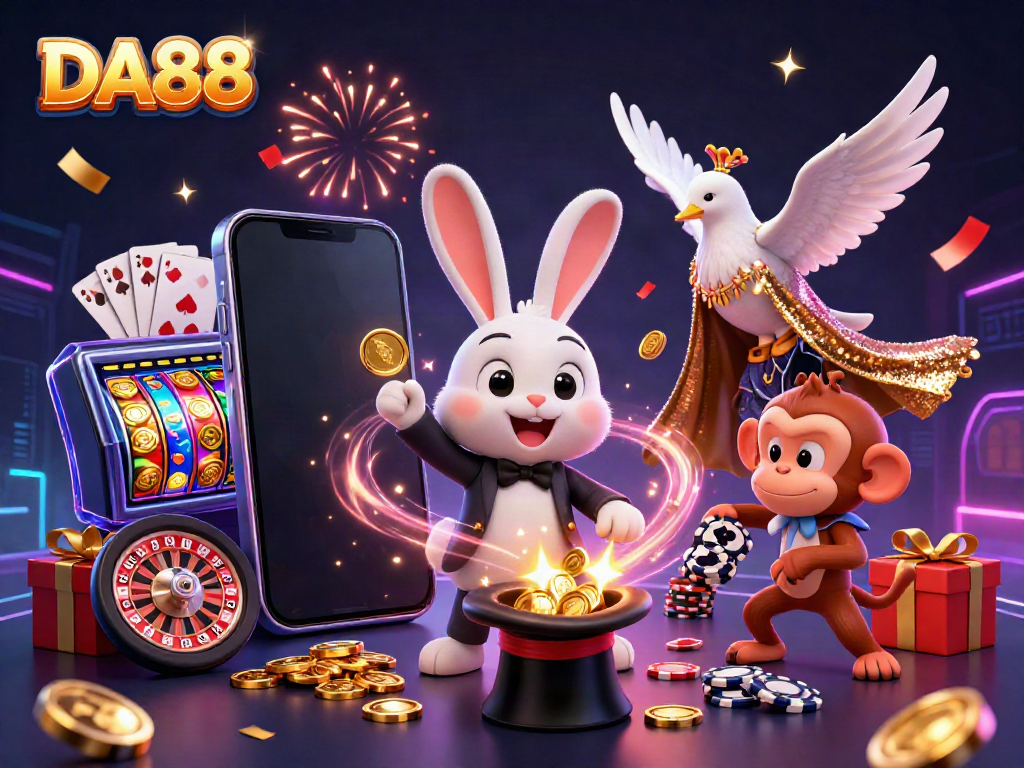 Engaging illustration of DA88, featuring a magician rabbit, dove, and monkey amidst casino game elements.