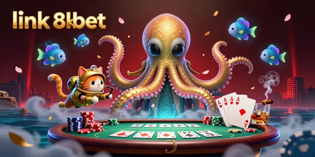 Experience thrilling gameplay with link 8kbet in a vibrant casino setting featuring a giant kraken and poker elements.