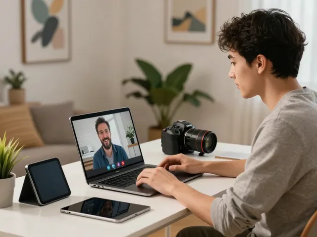 Young professional using the A80 website for a virtual meeting in a stylish home office setup.