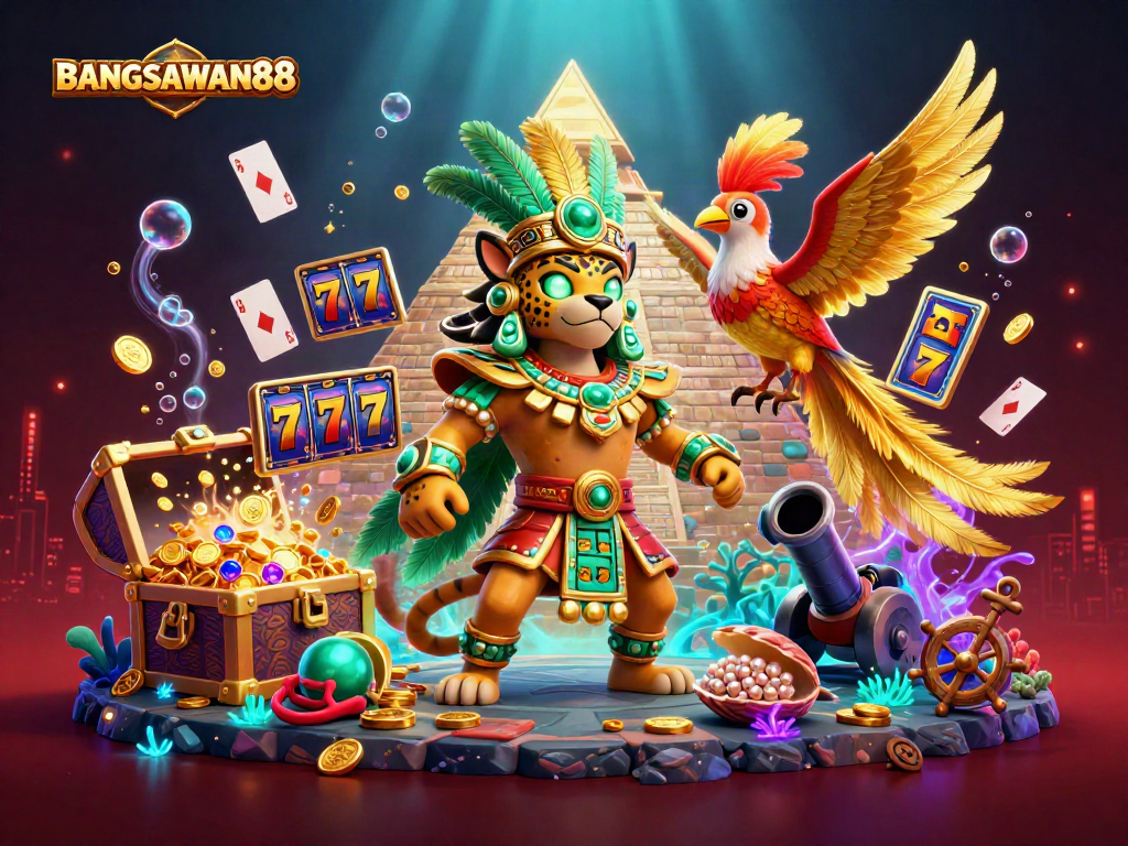 BANGSAWAN88 showcases an exciting casino scene with vibrant characters, slot elements, and rich underwater treasures.