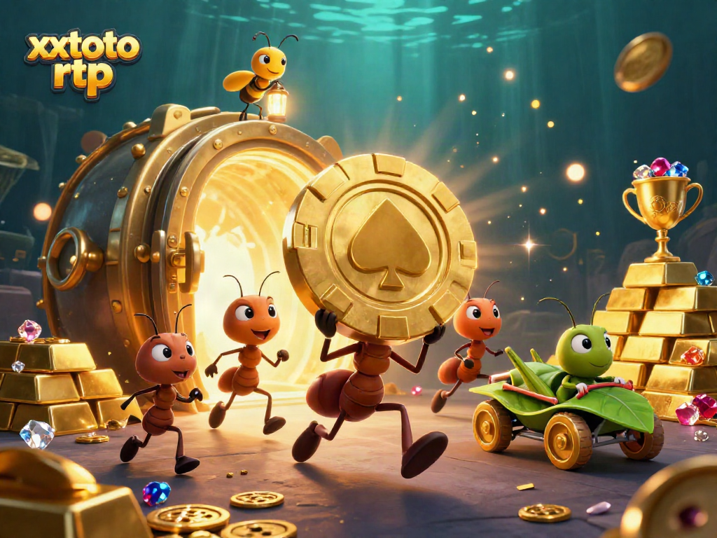 Menggambarkan xxtoto rtp, tim semut 3D membawa chip poker emas melalui terowongan penuh harta karun.