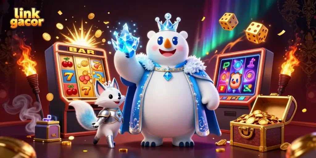 Engage with the thrill of link gacor as the ice king polar bear celebrates a jackpot in a vibrant casino scene.