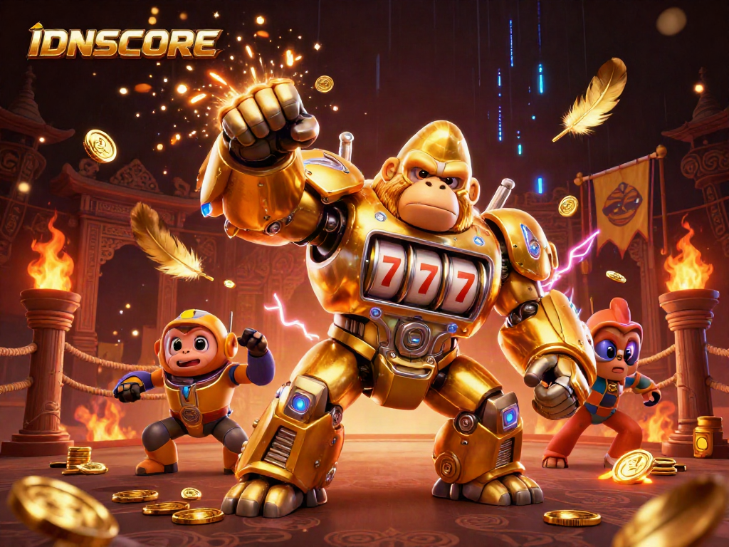 IDNSCORE thrills with a dynamic scene of a mechanical gorilla mech and flying coins, enhancing your online slot experience.