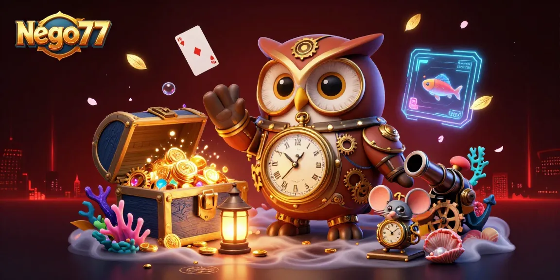 Experience thrilling gaming with nego77 as the time-traveling owl and clockwork mouse navigate vibrant casino elements!