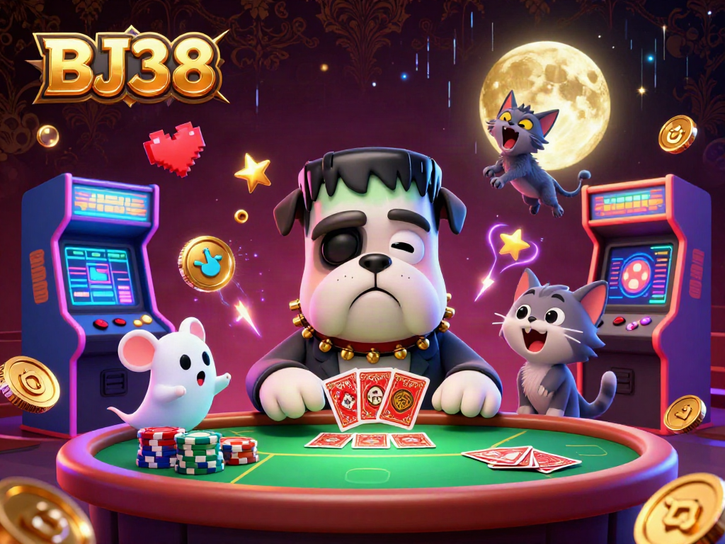 Join the BJ38 gaming excitement with a monster dealer, spooky ambiance, and thrilling casino elements.