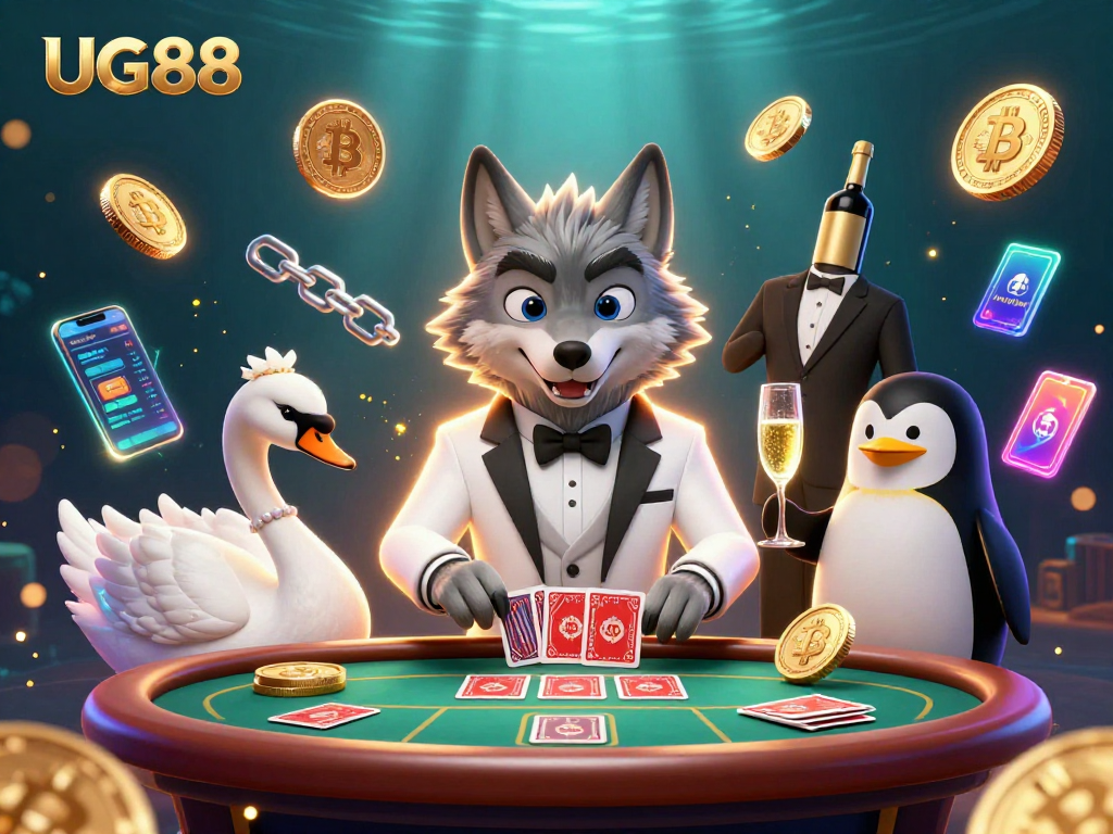 Experience vibrant gaming at UG88 featuring a debonair wolf and elegant swan on a baccarat table.