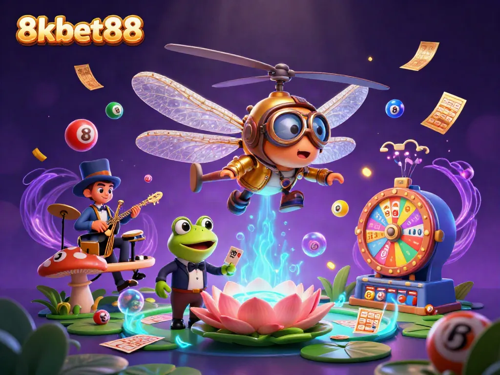 Experience the vibrant energy of 8xbet88 with a dynamic casino scene featuring a dragonfly pilot and frog croupier.