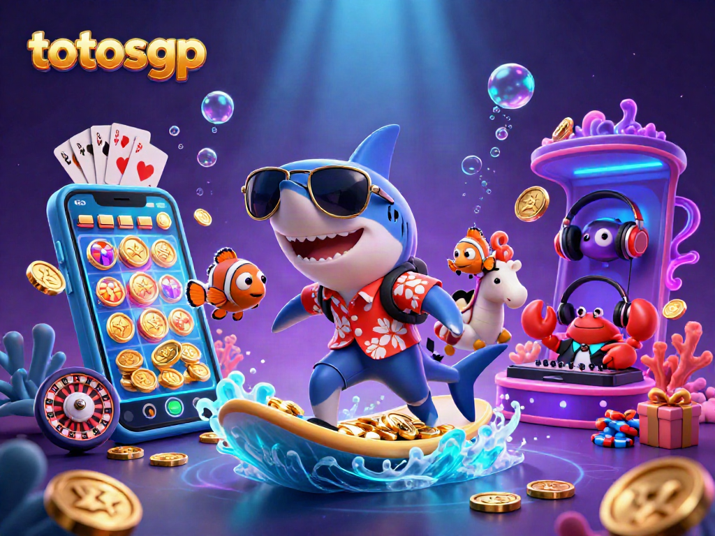 Experience totosgp excitement with a shark surfing on gold coins amidst vibrant casino elements.
