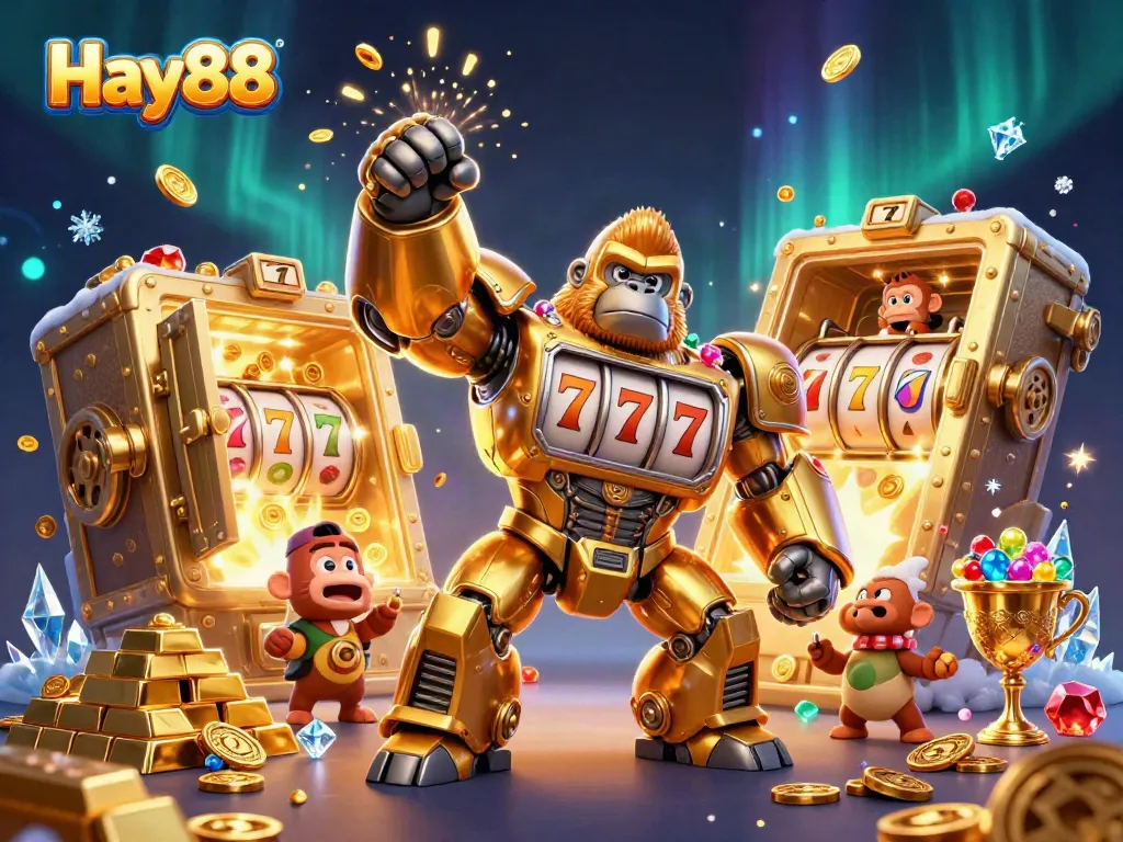 Experience the excitement of Hay88 with a vibrant 3D illustration showcasing a golden gorilla mech and dazzling casino elements.