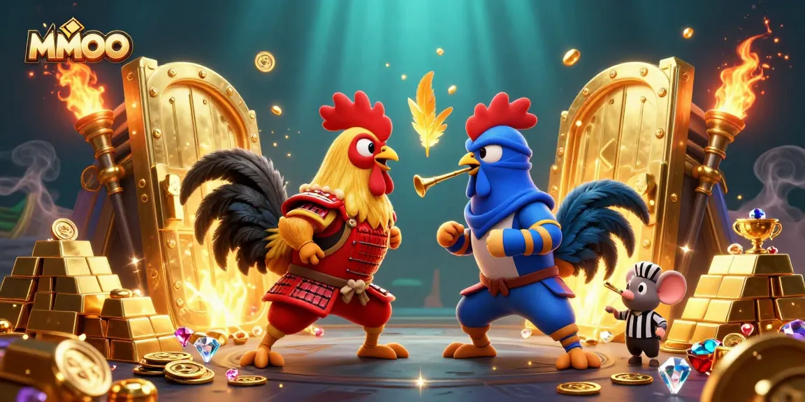 MMOO showcases a thrilling standoff between cartoon roosters in a vibrant casino-themed setting.