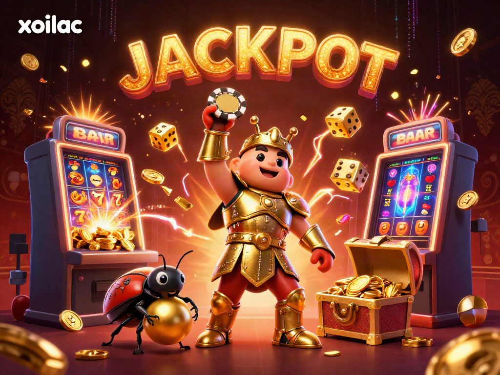 Experience the excitement of xoilac with vibrant casino elements and dynamic characters celebrating a big win.