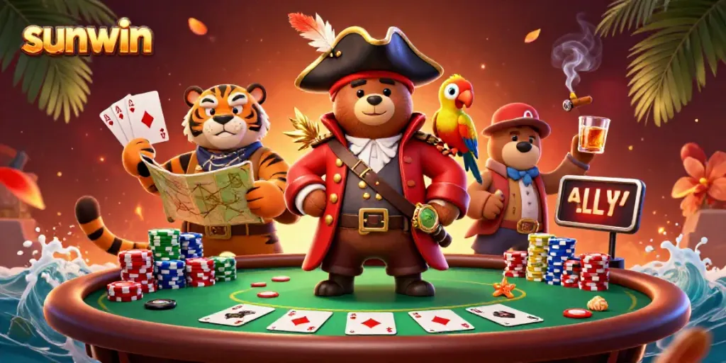 Experience the thrill of sunwin gaming with a dynamic illustration of a pirate bear and tiger amidst poker action.