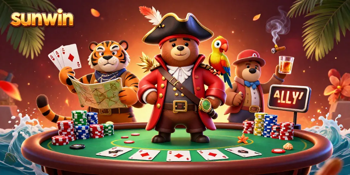 Experience the thrill of sunwin gaming with a dynamic illustration of a pirate bear and tiger amidst poker action.