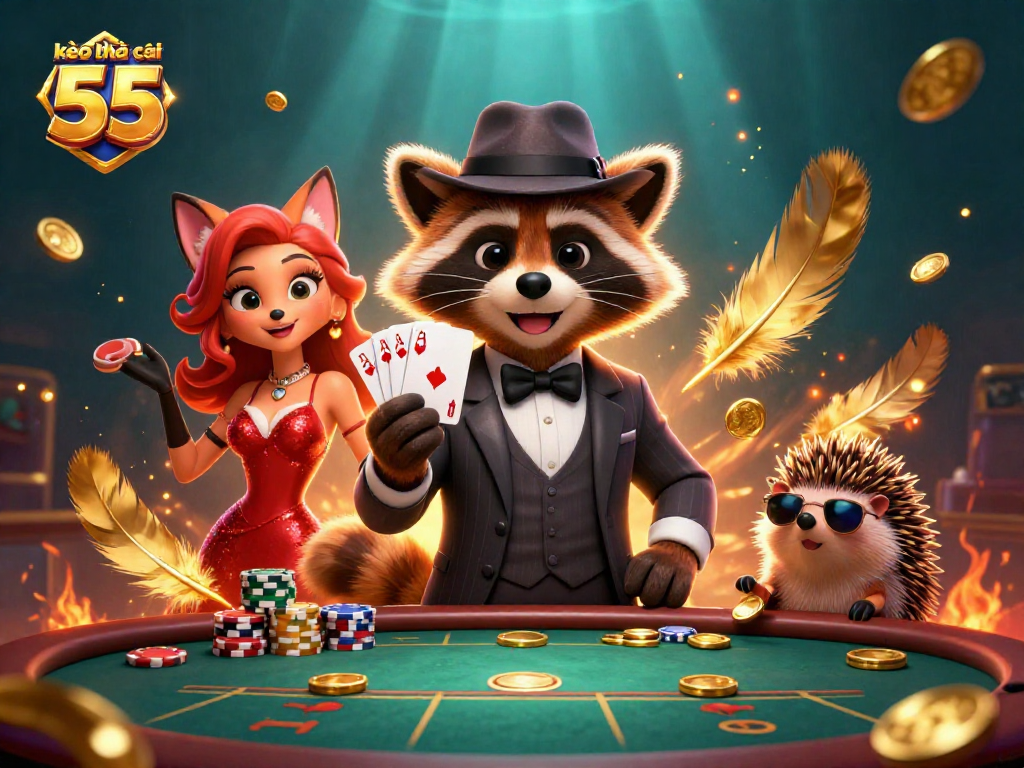 Experience exciting poker action with kèo nhà cái 55, featuring a charming raccoon and fox in a vibrant 3D scene.
