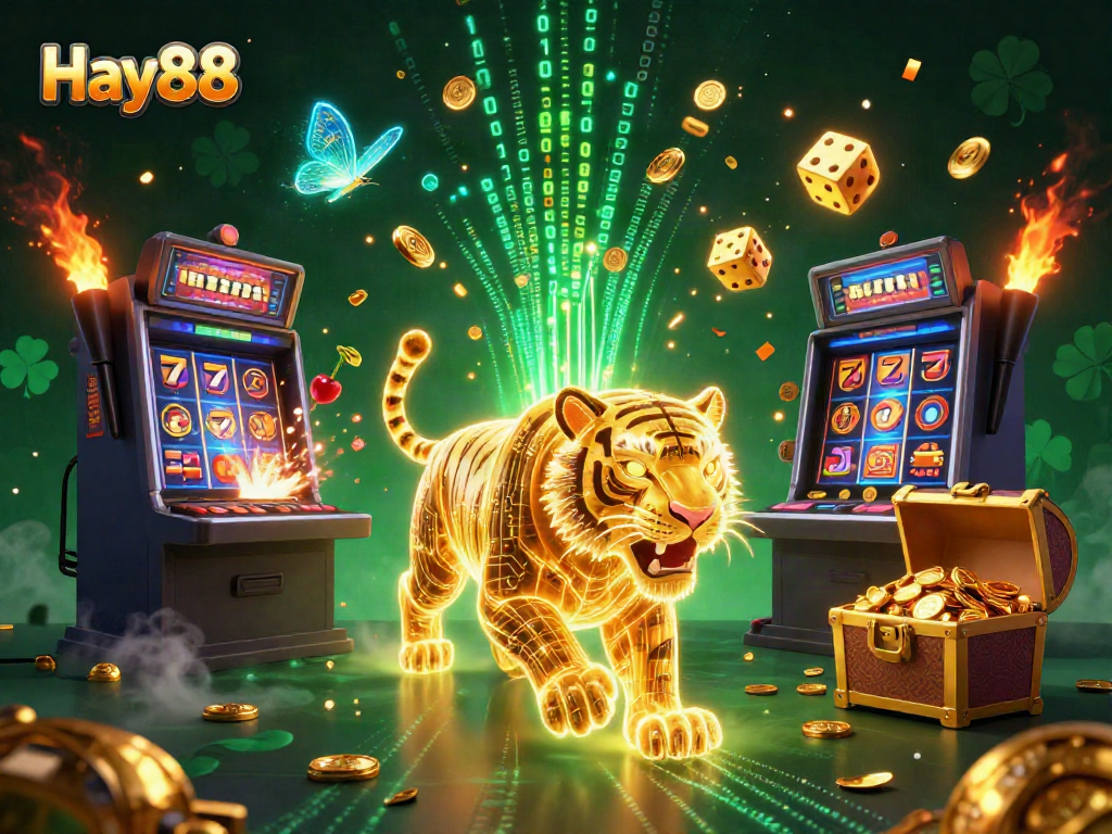 Engage in exhilarating gameplay at Hay88, featuring a golden tiger in a neon casino landscape.