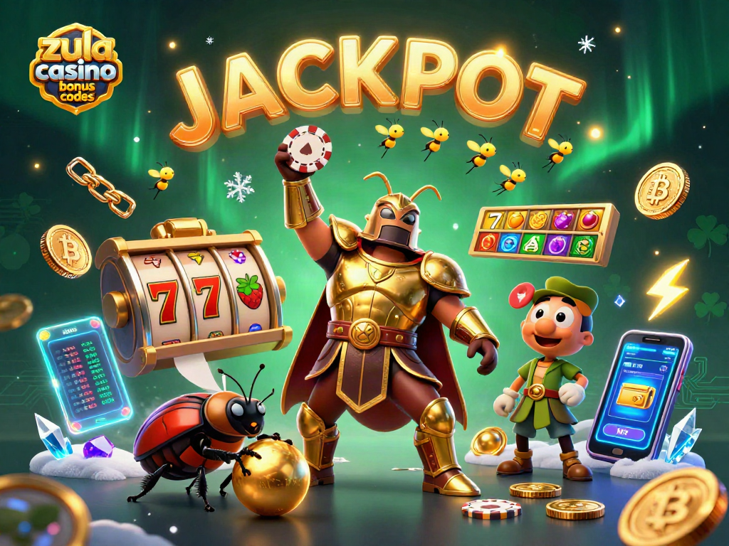 Claim zula casino bonus codes as a 3D cartoon beetle celebrates victory with slot symbols.