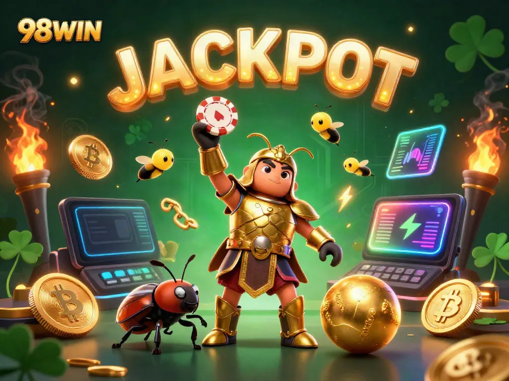 Experience a thrilling victory with 98WIN as a heroic beetle lifts a poker chip surrounded by gold coins and vibrant fireworks.