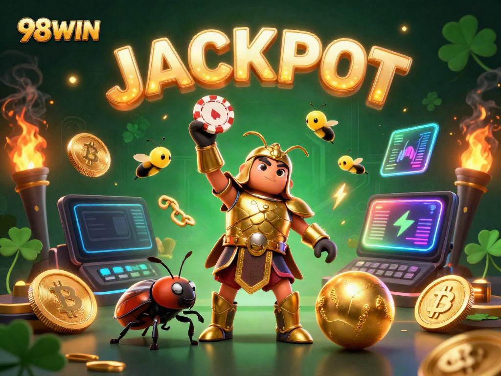 Experience a thrilling victory with 98WIN as a heroic beetle lifts a poker chip surrounded by gold coins and vibrant fireworks.