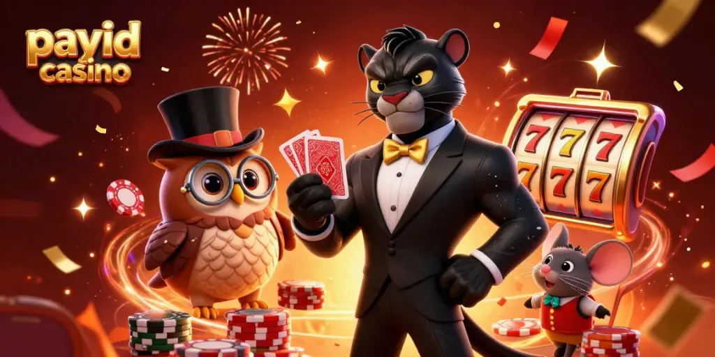 Experience excitement at a payid casino with a stylish panther dealer, enchanting owl, and lucky mouse.