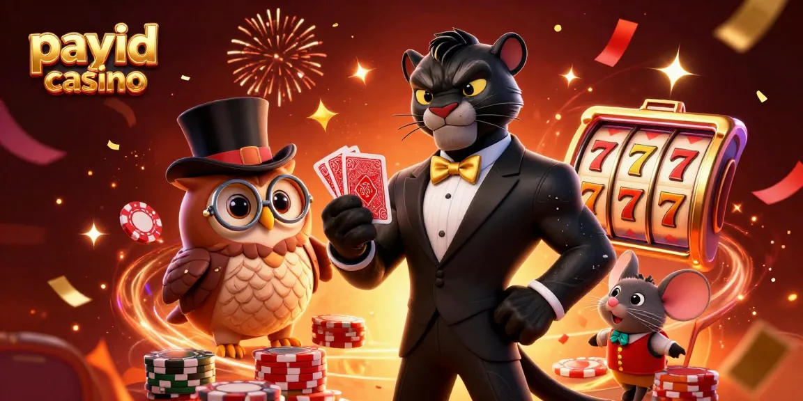 Experience excitement at a payid casino with a stylish panther dealer, enchanting owl, and lucky mouse.