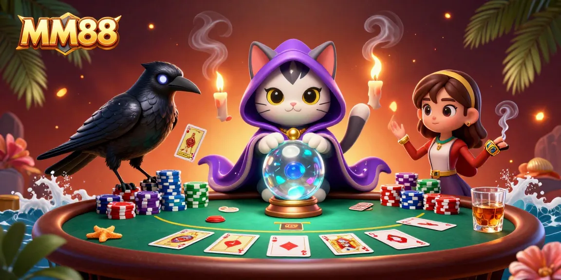 Experience the thrill of MM88 with a mystical poker game scene featuring a fortune teller and raven.