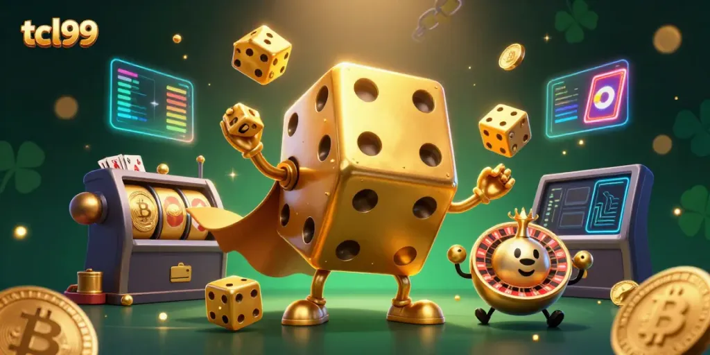 Experience thrilling wins with tcl99's vibrant casino scene featuring golden dice and cryptocurrencies.
