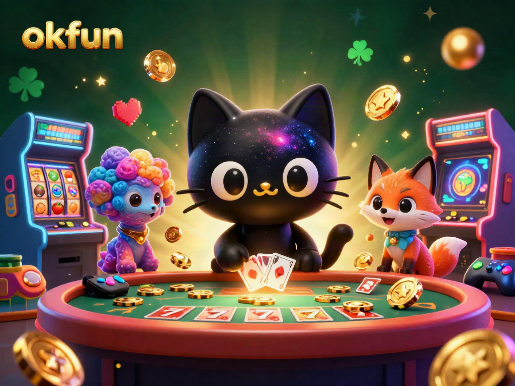 Engage with the cosmic charm of okfun through this vibrant 3D casino illustration, capturing galaxies and gold.