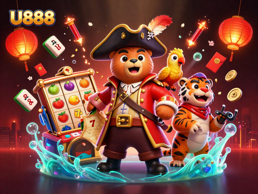 Engage with U888's vibrant slot reels featuring fruit symbols and jackpots in a dynamic casino scene.