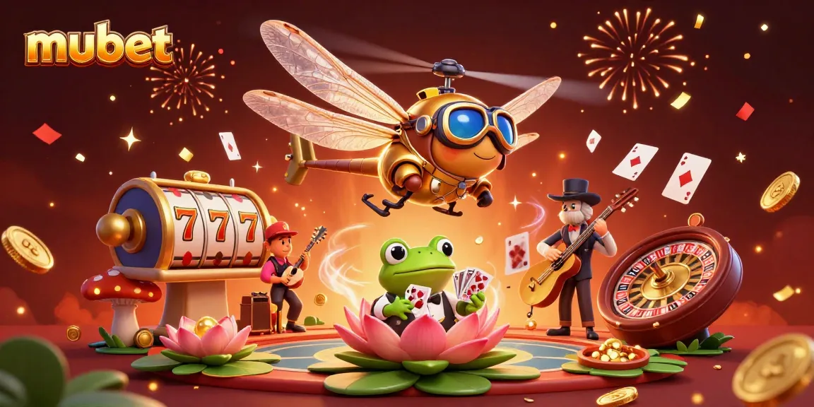 Experience thrilling wins at mubet with vibrant casino scenes featuring dragonfly pilots and frog croupiers.
