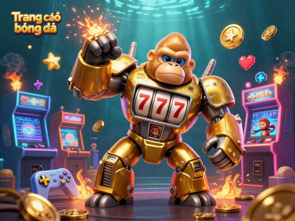 Engage in Trang cá độ bóng đá with a dynamic 3D illustration featuring a golden gorilla mech and vibrant gaming elements.