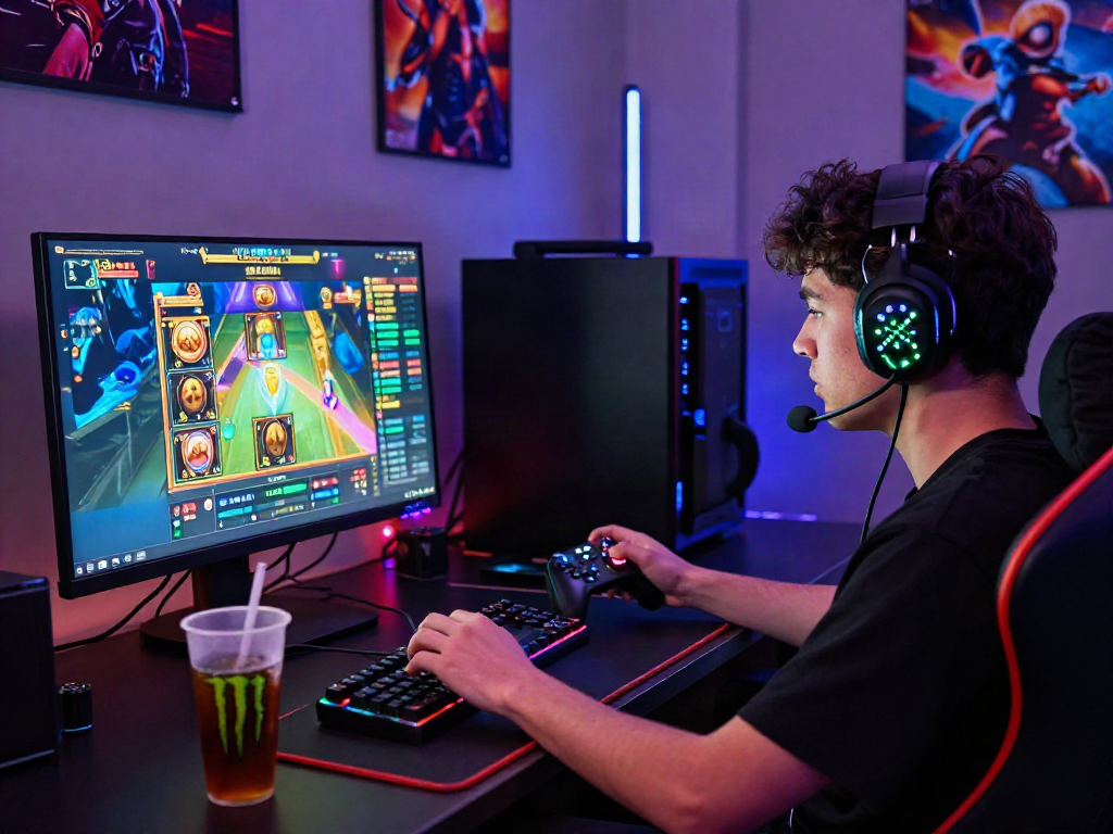 Engaging slot depo 5k gaming scene showcasing a focused player immersed in an electrifying online gaming environment, filled with vibrant colors and gaming accessories.