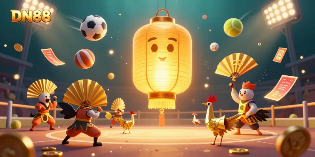 Experience the vibrant world of DN88, featuring dynamic characters and elements from live casino entertainment.