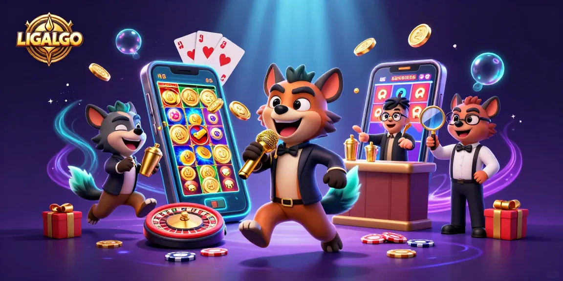 LIGALGO hyena comedy casino scene with slot games, vibrant colors, and dynamic characters.