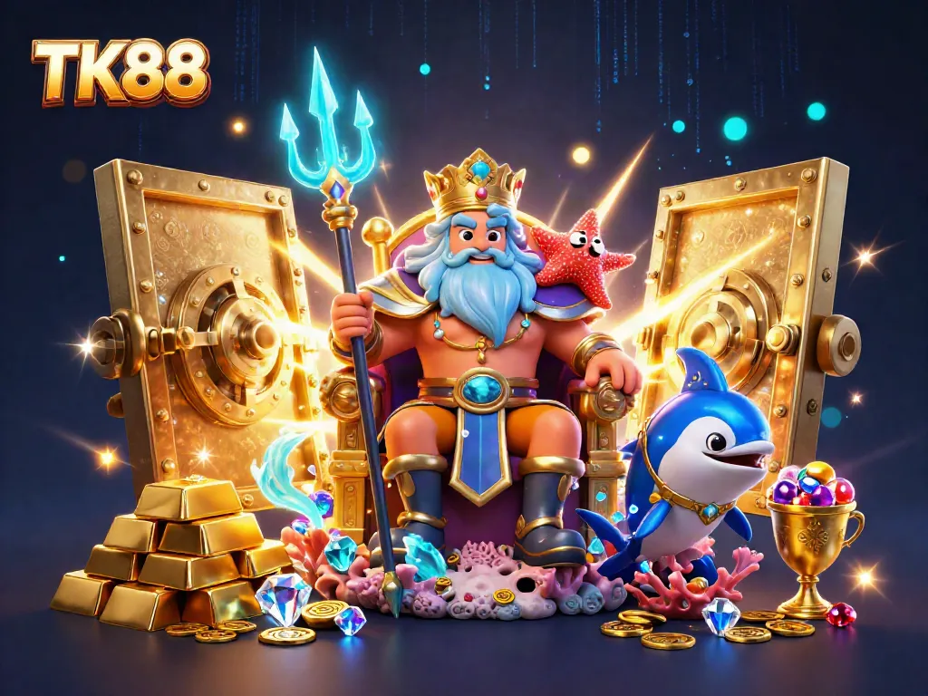 Win big with TK88 in a vibrant casino scene filled with treasures and gaming excitement.